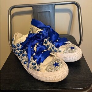 Custom Converse All Star Low Sneakers 7.5 Women Blue Pearl Beaded Ribbon Lace